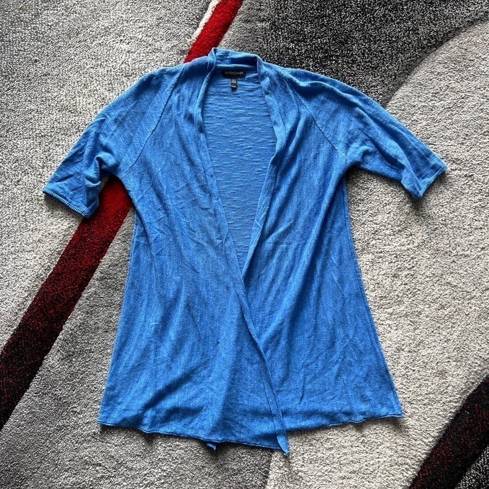 Eileen Fisher Blue Linen Blend Open Front Cardigan